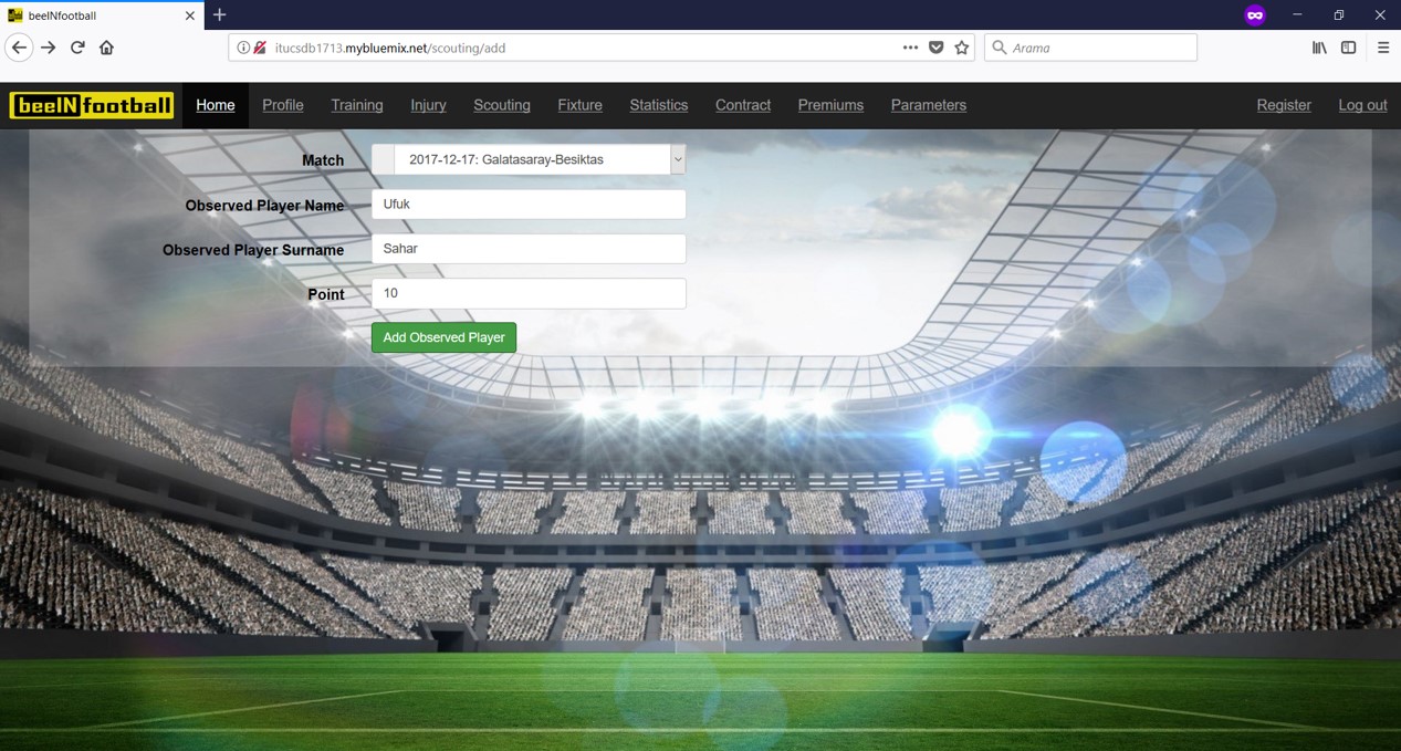 Gözlenen futbolcuları ekleme sayfası